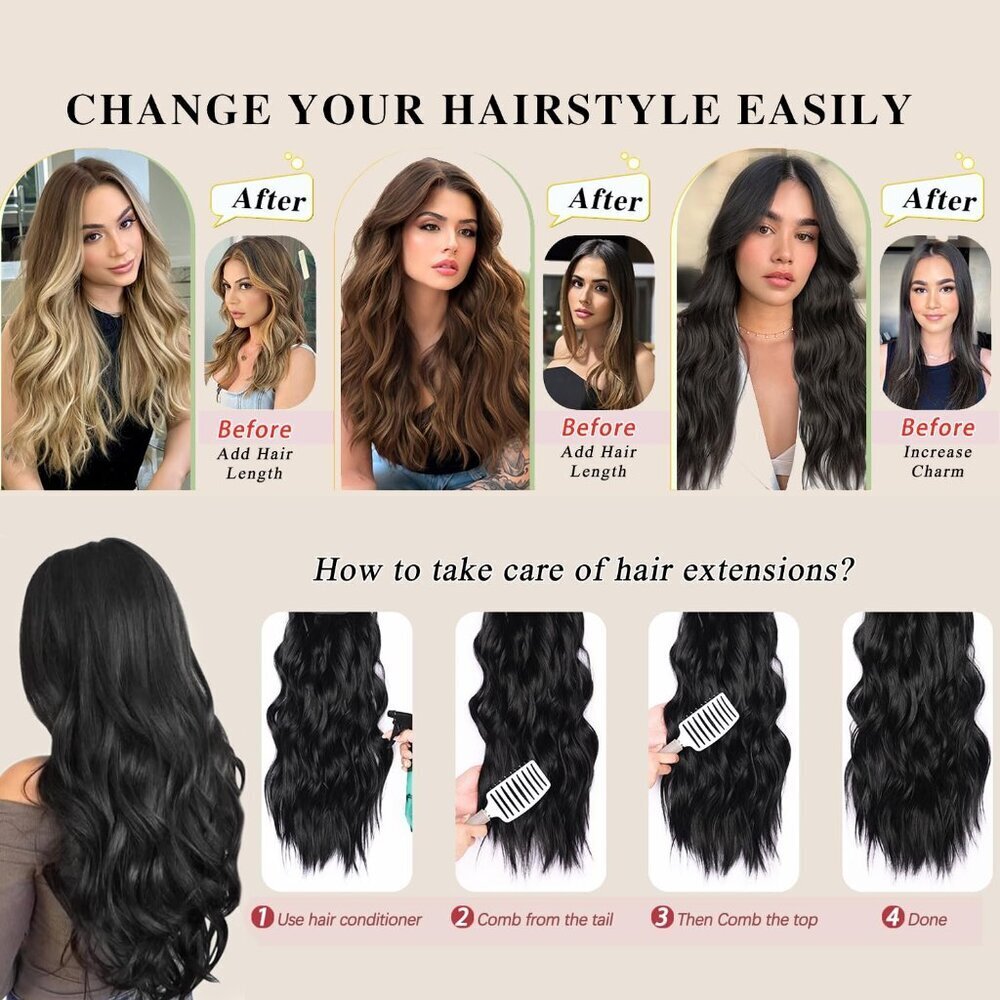Long Wavy Clip in Hair Extensions Synthetic 22 Inch Dark Red Burgundy Women - Picture 6 of 8